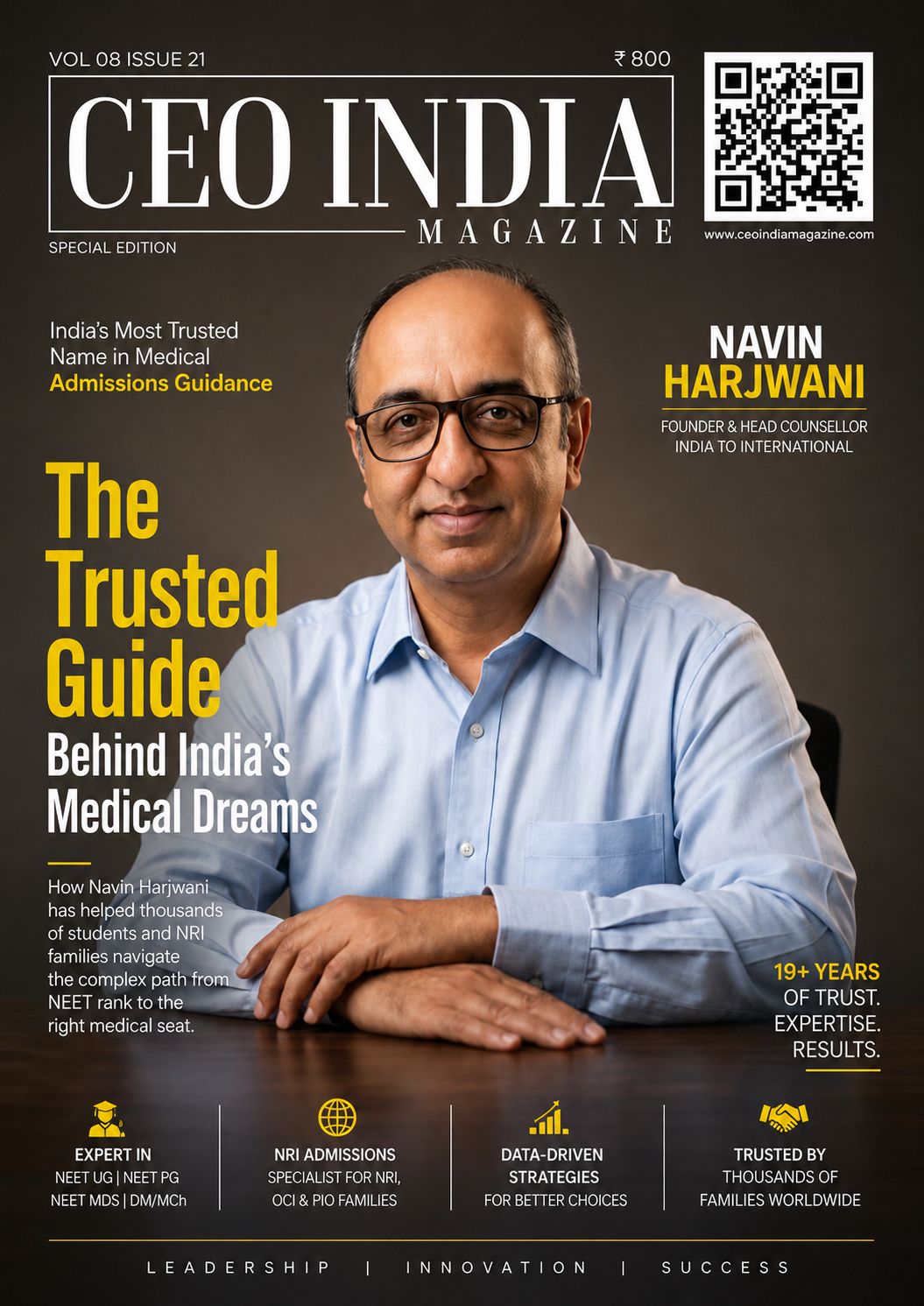 CEO India Magazine cover featuring Navin Harjwani, Founder & Head Counsellor, India To International